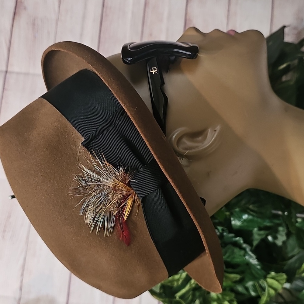 Dobbs Wool Brown Fedora Hat with Black Band and Feather Size 7